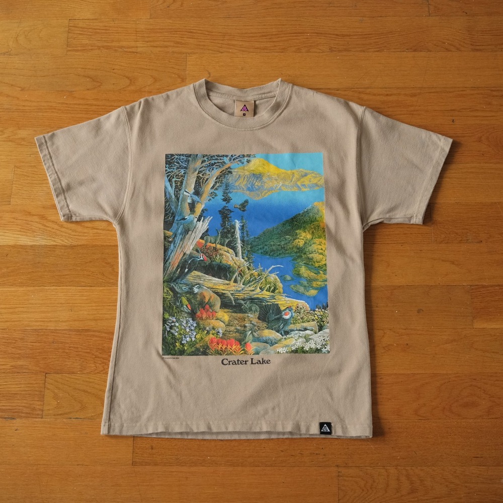 Nike ACG T-Shirt Mens Brown Crater Lake Oregon Graphic Gorpcore Small DC5364-222